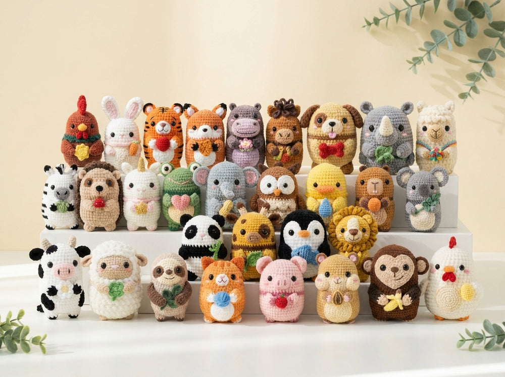 A collection of crocheted animal plush toys arranged on two white display risers against a warm beige background with soft green foliage accents. The toys include various animals such as a chicken, rabbit, tiger, monkey, panda, penguin, lion, cow, sheep, pig, and others, each with different colored yarn and small accessories.
