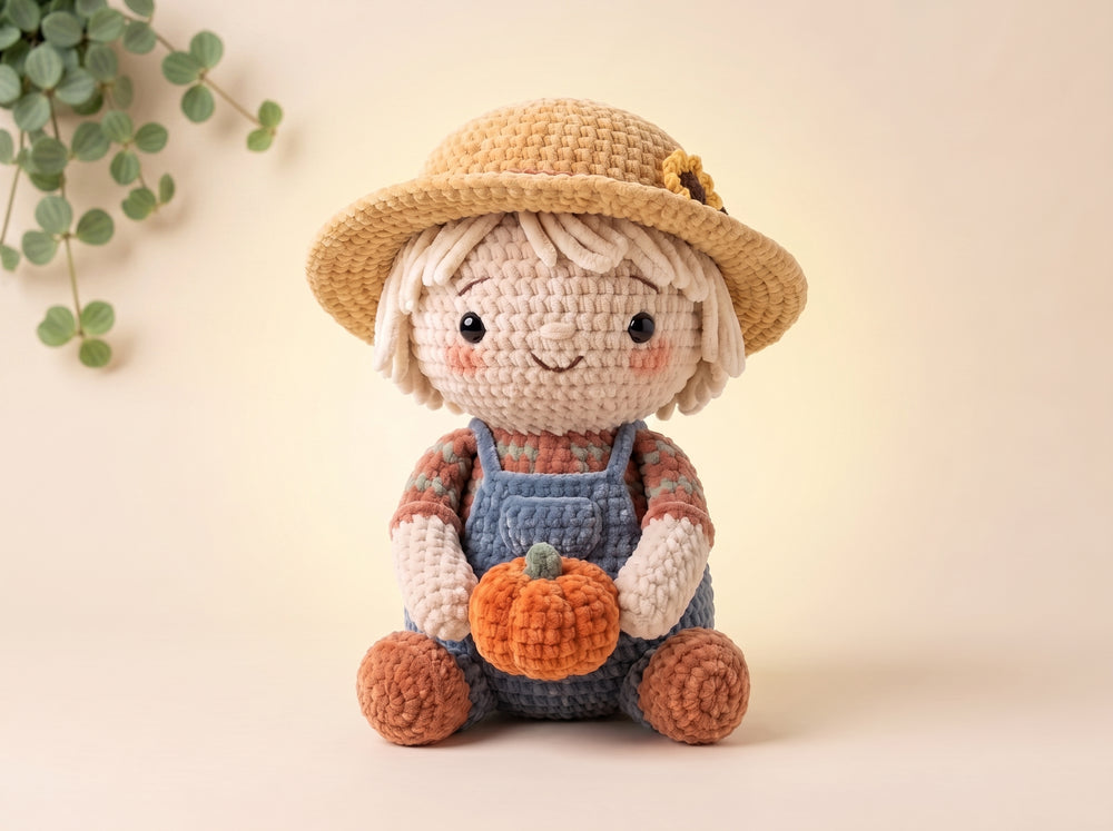 A crocheted doll dressed as a scarecrow, wearing a straw hat, blue overalls, and holding a small orange pumpkin, set against a warm beige background with a soft green plant leaf in the corner.