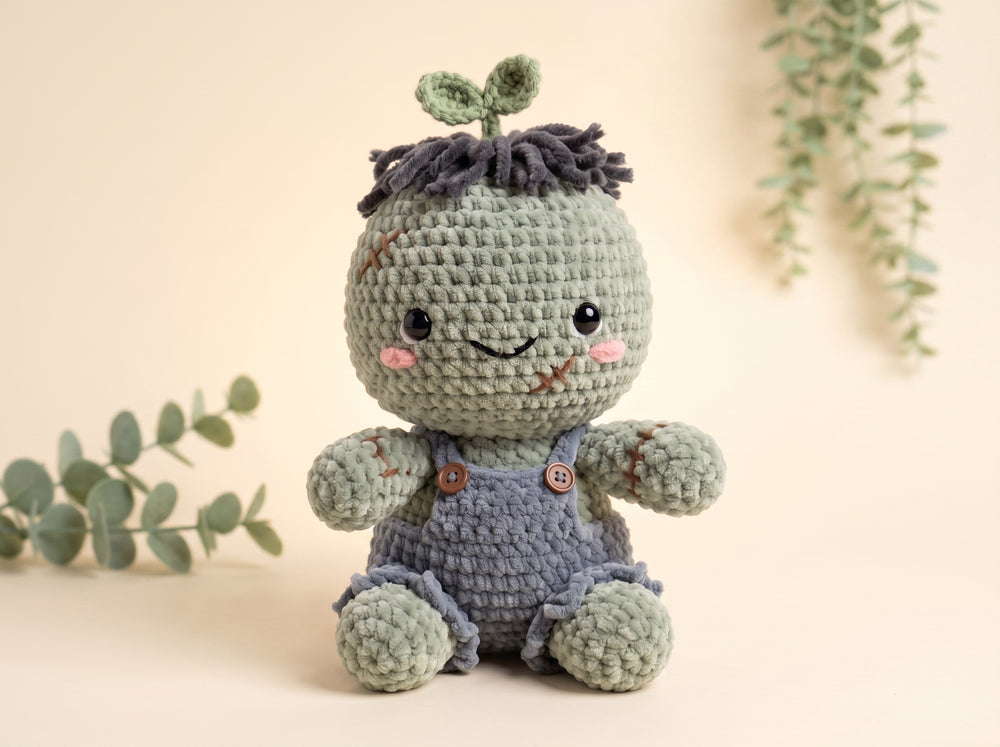 A crocheted plush toy shaped like a cute plant or seedling, sitting on a warm beige surface with soft eucalyptus leaves in the background. The toy has a sage green head with dark gray yarn hair, embroidered facial features, and blue-gray overalls with small brown buttons.