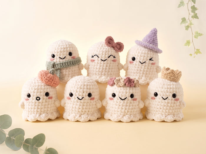 Seven cute crocheted plush ghost toys in off-white, each with different accessories like scarves, hats, bows, and crowns, arranged on a light beige surface with a soft cream background and decorative green leaves.