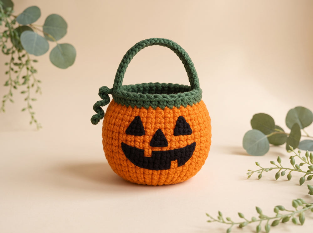 A crocheted Halloween pumpkin bucket basket with a green handle and trim, featuring a black embroidered jack-o'-lantern face, set against a warm beige background with decorative eucalyptus branches.