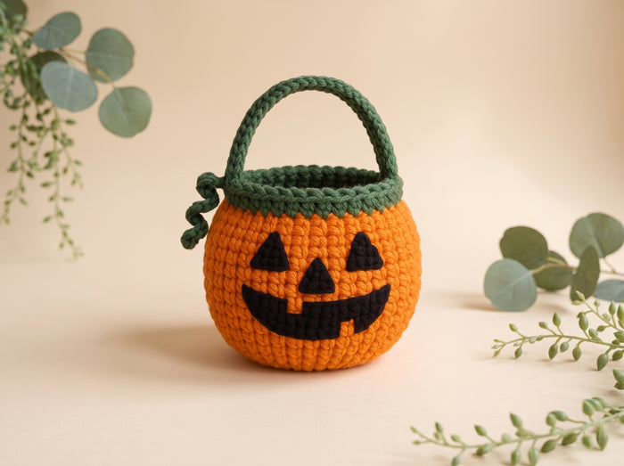 A crocheted Halloween pumpkin bucket basket with a green handle and trim, featuring a black embroidered jack-o'-lantern face, set against a warm beige background with decorative eucalyptus branches.
