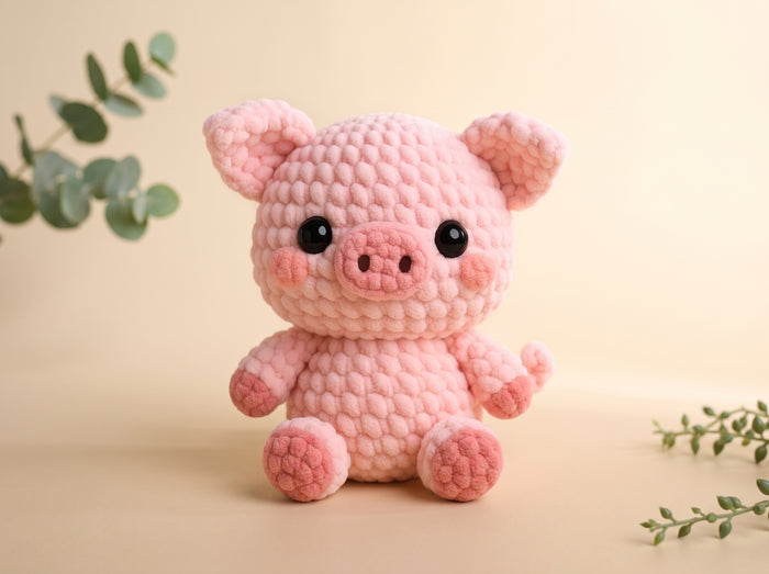 Pink chenille crochet pig sitting in grass, with black safety eyes, a darker pink snout and rosy cheeks.