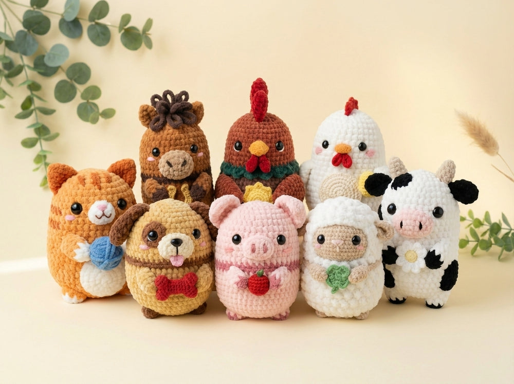 A group of seven crocheted farm and animal plush toys arranged together on a light beige surface with soft decorative leaves in the background. The toys include a brown bear, a brown chicken, a white hen, a pink pig, a white sheep, a black-and-white cow, and an orange cat.