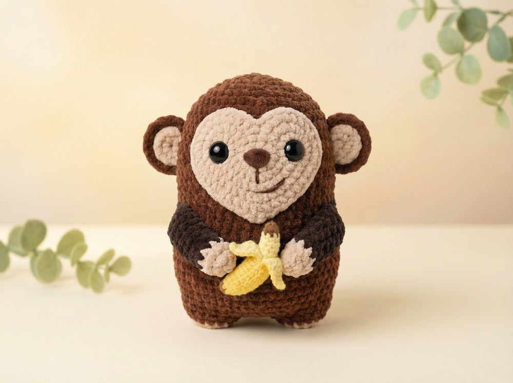 A crocheted plush monkey toy holding a yellow banana, centered against a soft beige background with decorative green leaves in the corners.