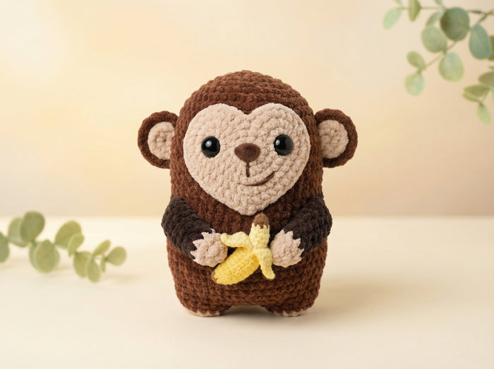A crocheted plush monkey toy holding a yellow banana, centered against a soft beige background with decorative green leaves in the corners.