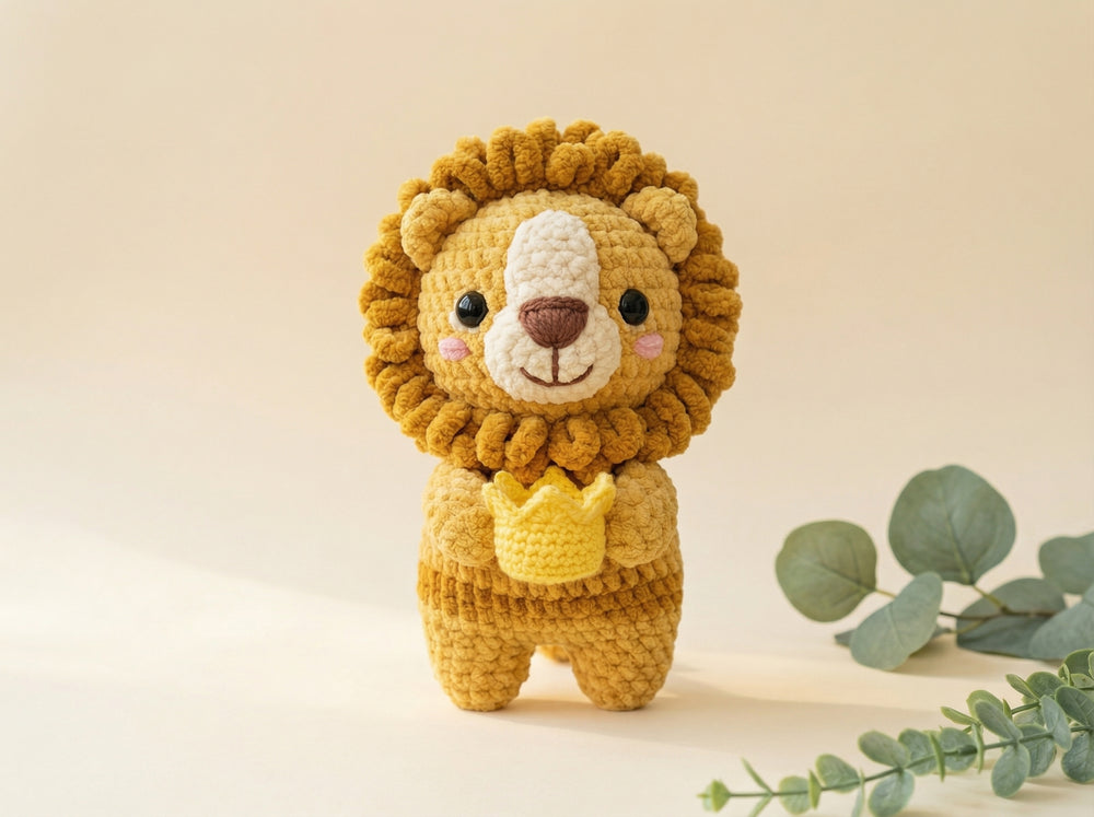 A crocheted lion amigurumi toy holding a small yellow crown, standing against a warm beige background with soft eucalyptus leaves in the corner.