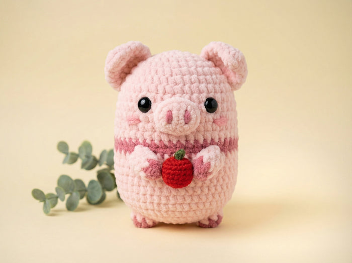 A pink crocheted pig toy holding a small red apple, standing against a soft beige background with a small green leafy sprig beside it.