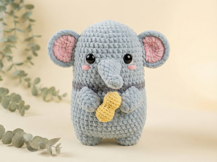 A crocheted gray elephant plush toy holding a yellow peanut, set against a warm beige background with soft eucalyptus leaves in the corners.