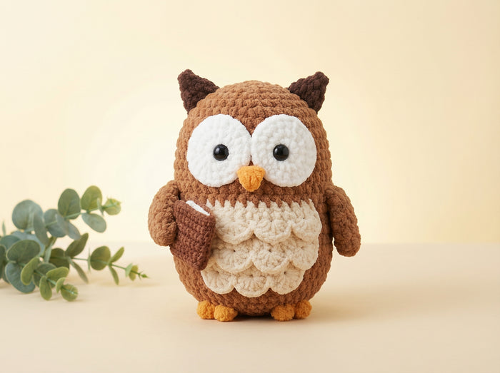 A crocheted owl toy standing on a light beige surface against a soft cream background, holding a small brown book. The owl has large white eyes, a yellow-orange beak, brown ears and body, and cream-colored scalloped feathers on the belly.