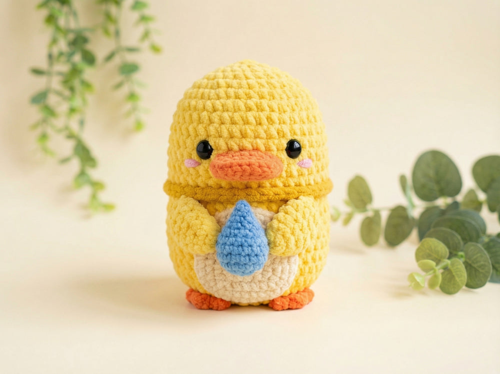 A yellow crocheted chick toy holding a blue teardrop, standing on a light beige surface with soft-focus green foliage in the background.