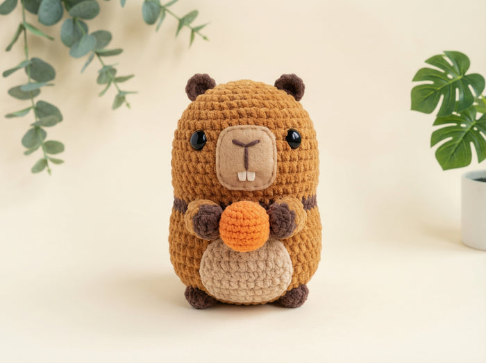 A crocheted beaver toy holding an orange acorn, centered against a warm cream background with soft green plant leaves in the corners.