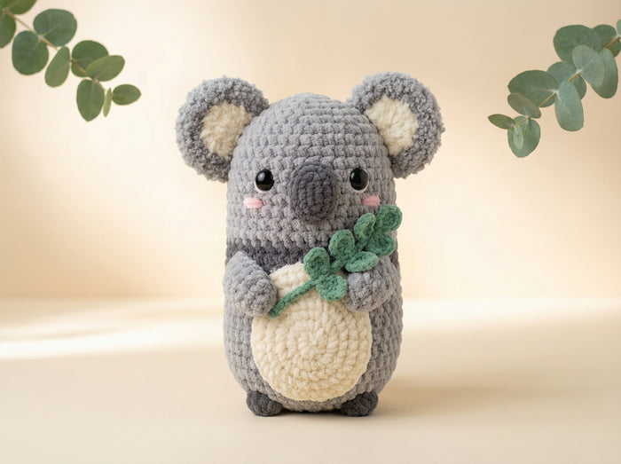 A crocheted koala plush toy holding a green leafy branch, standing against a warm beige background with soft shadows and decorative eucalyptus leaves in the corners.