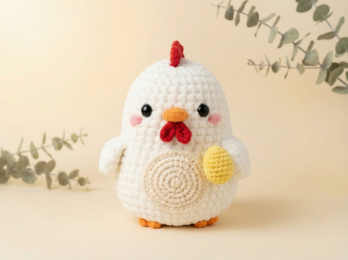A cute crocheted chick amigurumi toy with a red comb and wattle, orange beak and feet, pink cheeks, and a yellow wing, standing against a warm beige background with eucalyptus branches.