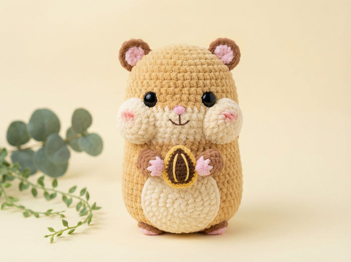 A crocheted hamster toy holding a nut, styled with eucalyptus leaves on a warm beige background.