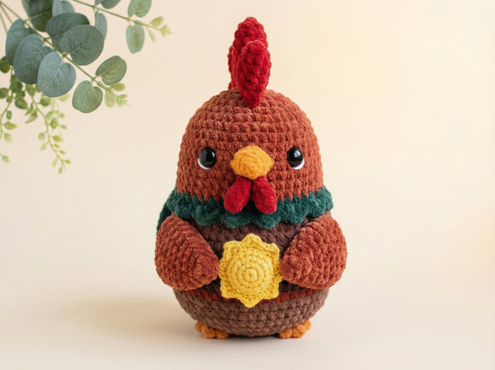 A crocheted toy chicken with a red comb and wattle, brown body, green neck, and yellow beak and sun motif, photographed against a warm cream background with a leafy branch in the upper left.