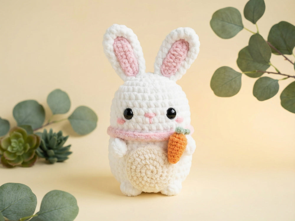 A white crocheted bunny toy holding an orange carrot, with pink inner ears and a pink scarf, standing on a warm beige background with decorative green leaves.