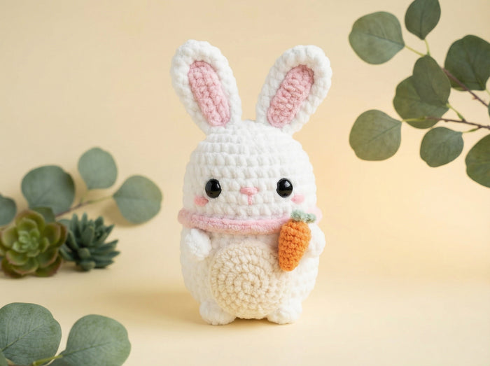 A white crocheted bunny toy holding an orange carrot, with pink inner ears and a pink scarf, standing on a warm beige background with decorative green leaves.