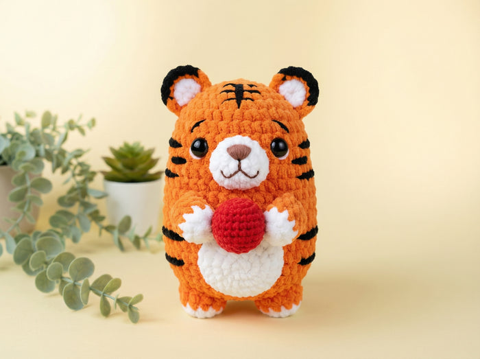 A crocheted tiger amigurumi toy holding a red ball, standing on a light beige surface with small potted plants in the background.