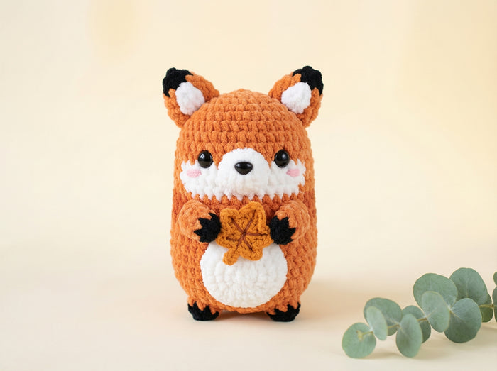 A crocheted plush fox toy holding a small orange leaf, photographed against a soft cream background with a sprig of eucalyptus leaves at the lower right.