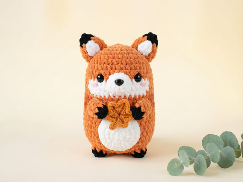 A crocheted plush fox toy holding a small orange leaf, photographed against a soft cream background with a sprig of eucalyptus leaves at the lower right.