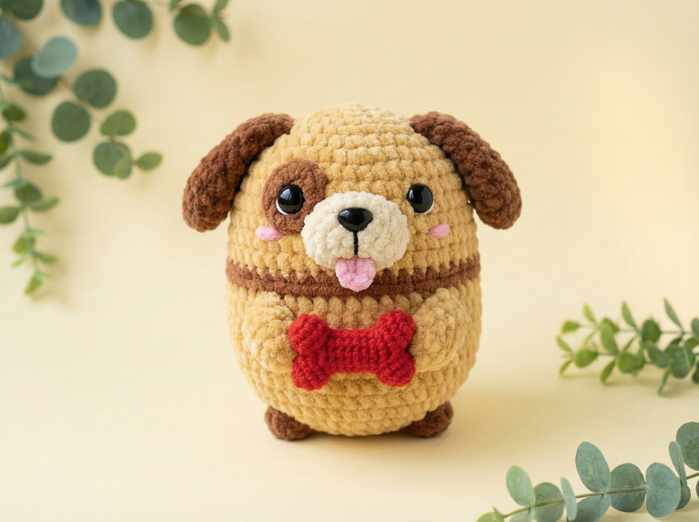 A crocheted plush dog toy with brown floppy ears, a beige body, a red bone-shaped collar, and a pink tongue, centered on a warm cream background with soft green eucalyptus leaves around it.