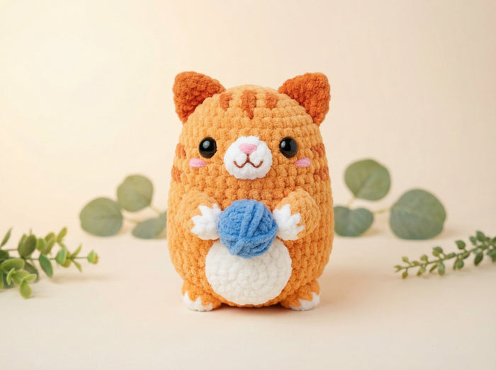 A crocheted orange hamster toy holding a blue ball of yarn, set against a warm beige background with decorative green leaves.