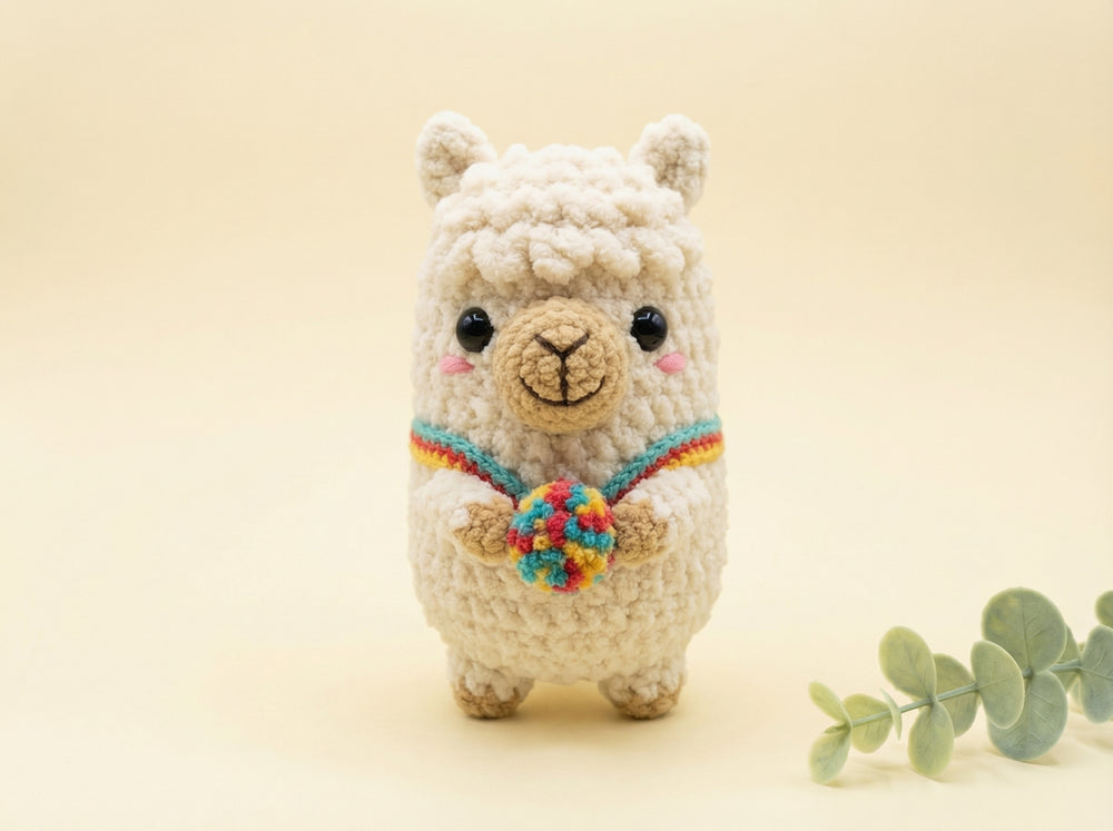 A small crocheted alpaca toy stands centered against a warm cream background, holding a colorful rainbow pom-pom. A green eucalyptus sprig appears at the lower right.