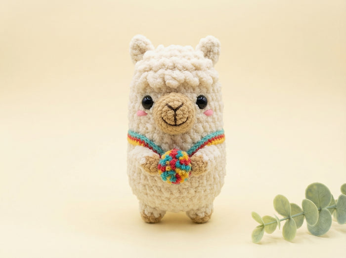 A small crocheted alpaca toy stands centered against a warm cream background, holding a colorful rainbow pom-pom. A green eucalyptus sprig appears at the lower right.