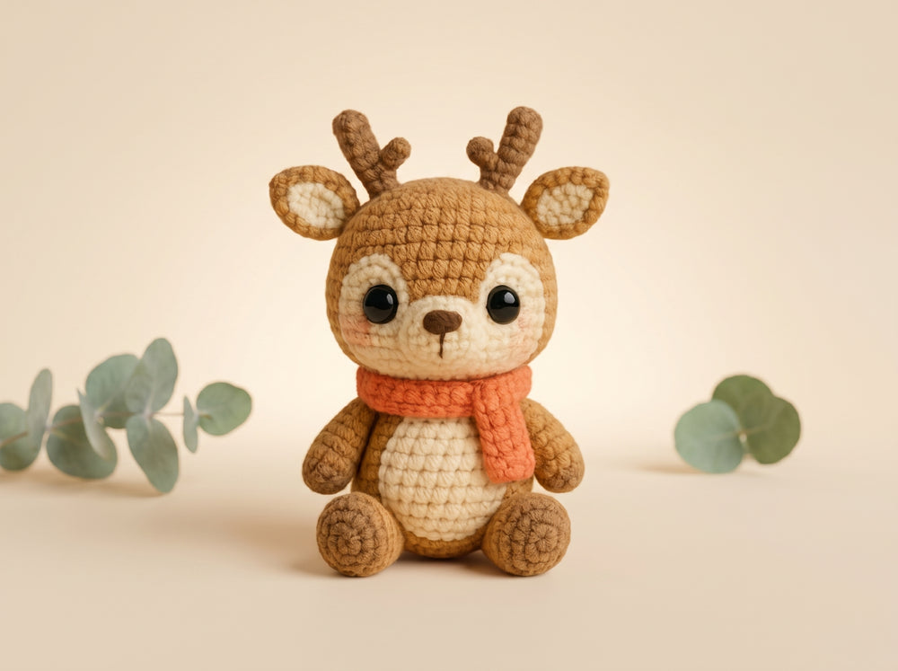 A crocheted plush deer toy with brown and cream yarn, wearing an orange scarf, set against a warm beige background with decorative eucalyptus leaves.
