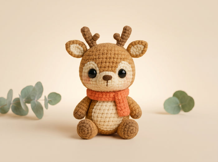 A crocheted plush deer toy with brown and cream yarn, wearing an orange scarf, set against a warm beige background with decorative eucalyptus leaves.