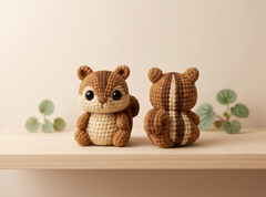 Two crocheted squirrel toys displayed on a light wood shelf against a warm beige background, with small green leaves on each side. One squirrel faces forward, and the other faces backward.