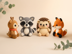 Four crocheted animal plush toys arranged in a row on a warm beige background with soft eucalyptus leaves. The toys include a brown deer with an orange scarf, a gray and white raccoon, a beige hedgehog with brown spines, and an orange fox with black and white details.