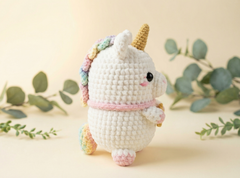 A crocheted unicorn plush toy with a white body, pastel rainbow mane and tail, and a gold horn, photographed on a soft cream background with eucalyptus leaves around it.