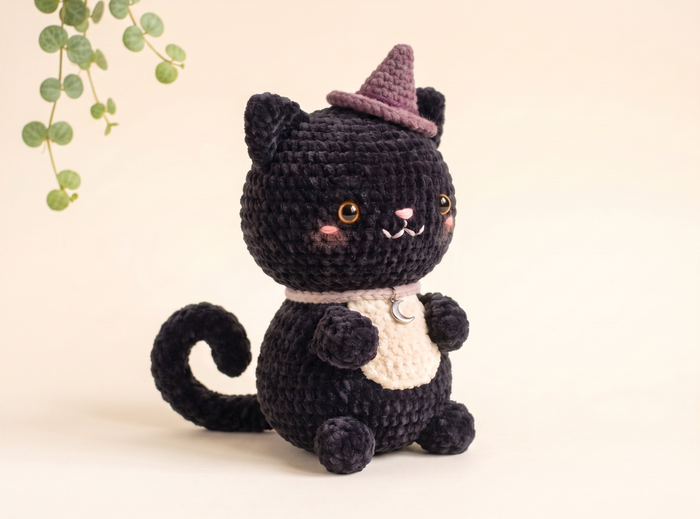 A crocheted black cat plush toy wearing a small pointed witch hat and a cream bib, posed against a warm beige background with a decorative green leafy vine in the upper left corner.