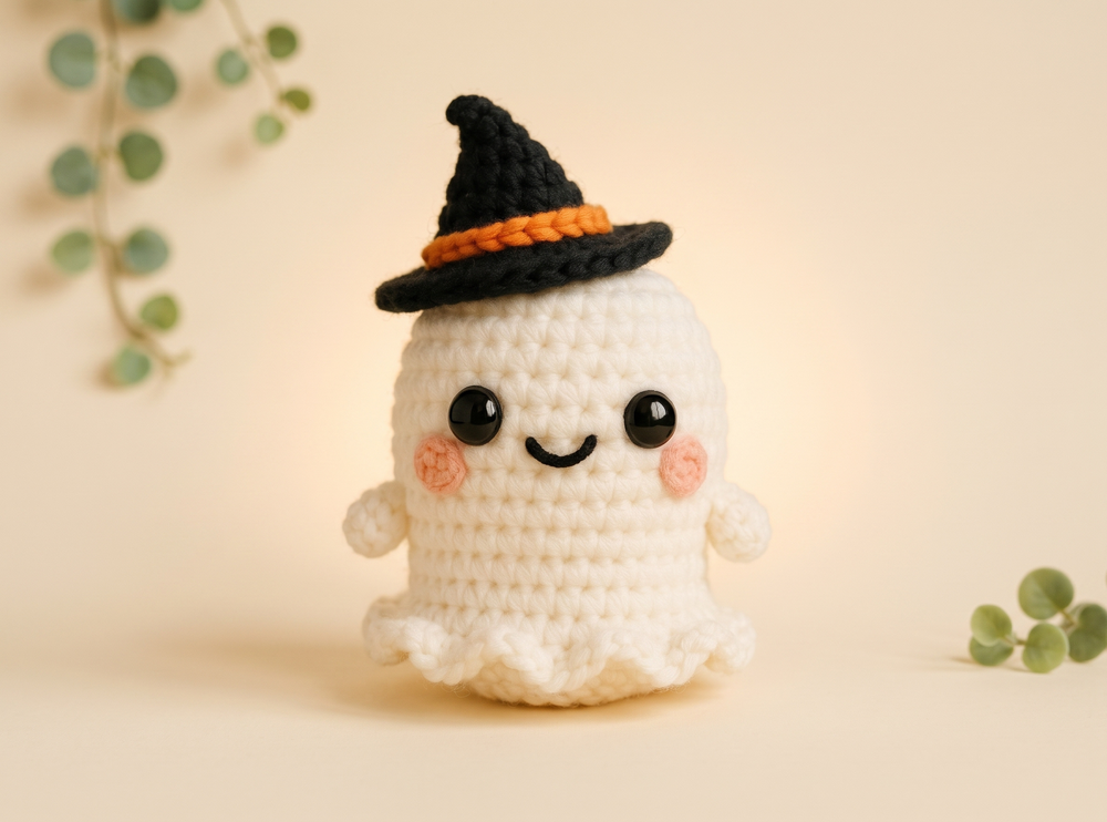 Crocheted white ghost wearing a black witch hat with an orange stripe, on a wooden surface.