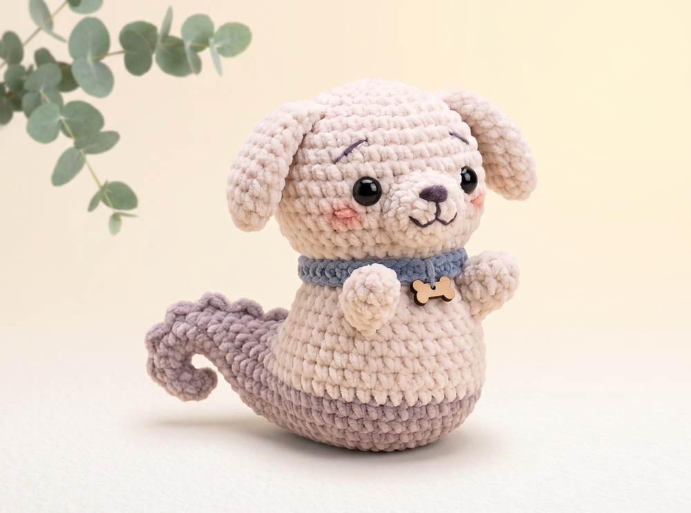 A crocheted plush dog toy with a cream-colored body, floppy ears, a blue collar, and a gray tail, posed against a soft beige background with a eucalyptus leaf branch in the upper left corner.