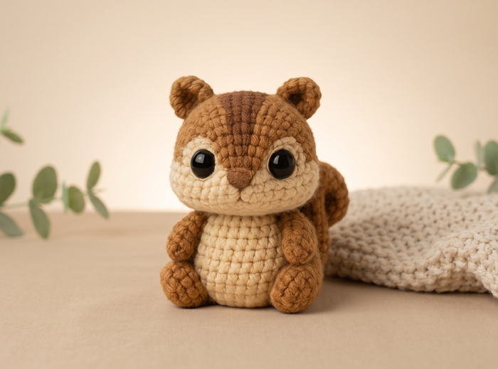 A crocheted plush squirrel toy with large black eyes, sitting on a beige surface with a soft cream knit fabric and blurred green leaves in the background.