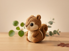 A crocheted squirrel toy sits on a light wooden surface against a warm beige background, with small green leaves and a brown leaf placed around it.