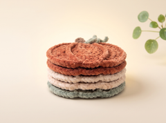A stack of four crocheted coasters in terracotta, cream, light pink, and sage green, styled with a small green plant in the background on a warm cream surface.