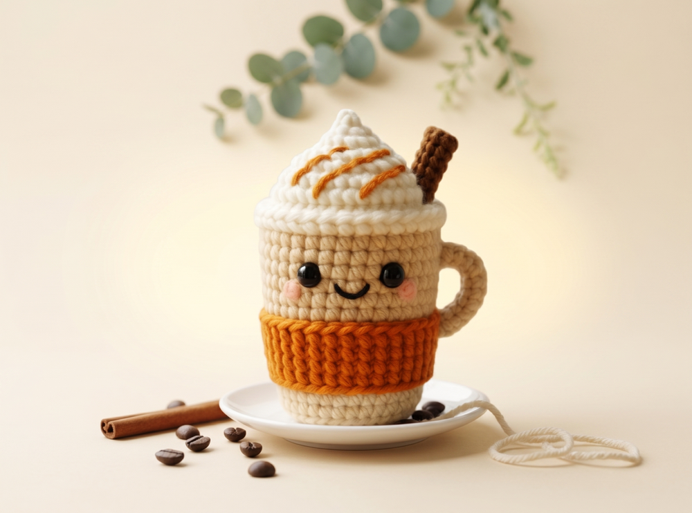 Crocheted latte cup with a white whipped cream swirl, orange sleeve, handle and a small smiling face.