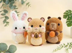 Three crocheted plush animal toys are displayed against a warm beige background with decorative green leaves. The toys include a white rabbit with pink inner ears holding an orange carrot, a tan hamster holding a nut, and a brown beaver holding an orange acorn.