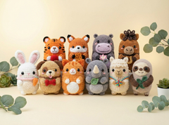 A group of nine crocheted plush animal toys arranged in two rows on a light beige surface against a cream background, with decorative green leaves around them. The toys include a white rabbit, an orange tiger, an orange fox, a gray hippo, a brown bear, a brown rabbit, an orange hamster, a gray rhinoceros, a cream alpaca, and a brown sloth.