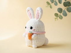 A white crocheted bunny plush toy holding an orange carrot, with pink inner ears and a pink collar, set against a warm beige background with eucalyptus leaves in the corner.