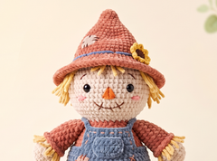 A crocheted scarecrow doll with a brown hat, yellow straw hair, an orange stitched nose, pink cheeks, and blue overalls against a soft cream background.