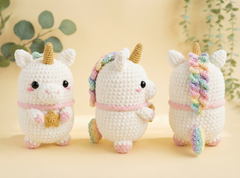 Three crocheted unicorn plush toys shown from the front, back, and side, featuring white yarn bodies, pastel rainbow manes and tails, and gold-colored horns, set against a soft beige background with blurred green foliage.