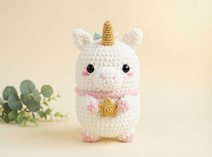 A cute crocheted unicorn plush toy in white with a gold horn, pink collar, and pink hooves, standing against a soft beige background with a small green plant on the left.