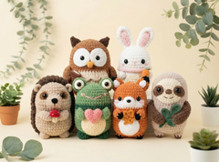 A group of six crocheted animal plush toys arranged together on a light beige surface with decorative greenery in the background. The toys include a brown owl, a white rabbit, a hedgehog, a green frog, an orange fox, and a brown sloth, each with embroidered facial features and small accessories.