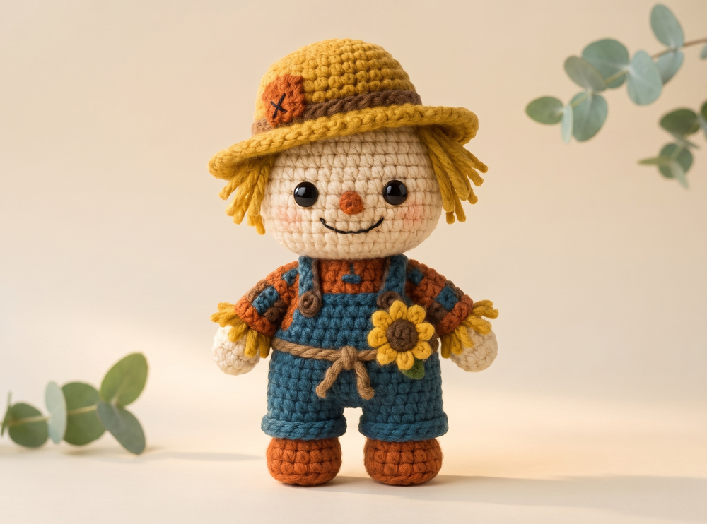 A crocheted scarecrow doll stands centered against a warm cream background with soft eucalyptus leaves in the corners. The doll has a yellow straw hat, cream face and hands, blue overalls, orange-brown shoes and sleeves, and a yellow sunflower on its belt.