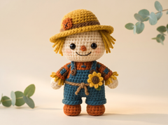 A crocheted scarecrow doll stands centered against a warm cream background with soft eucalyptus leaves in the corners. The doll has a yellow straw hat, cream face and hands, blue overalls, orange-brown shoes and sleeves, and a yellow sunflower on its belt.